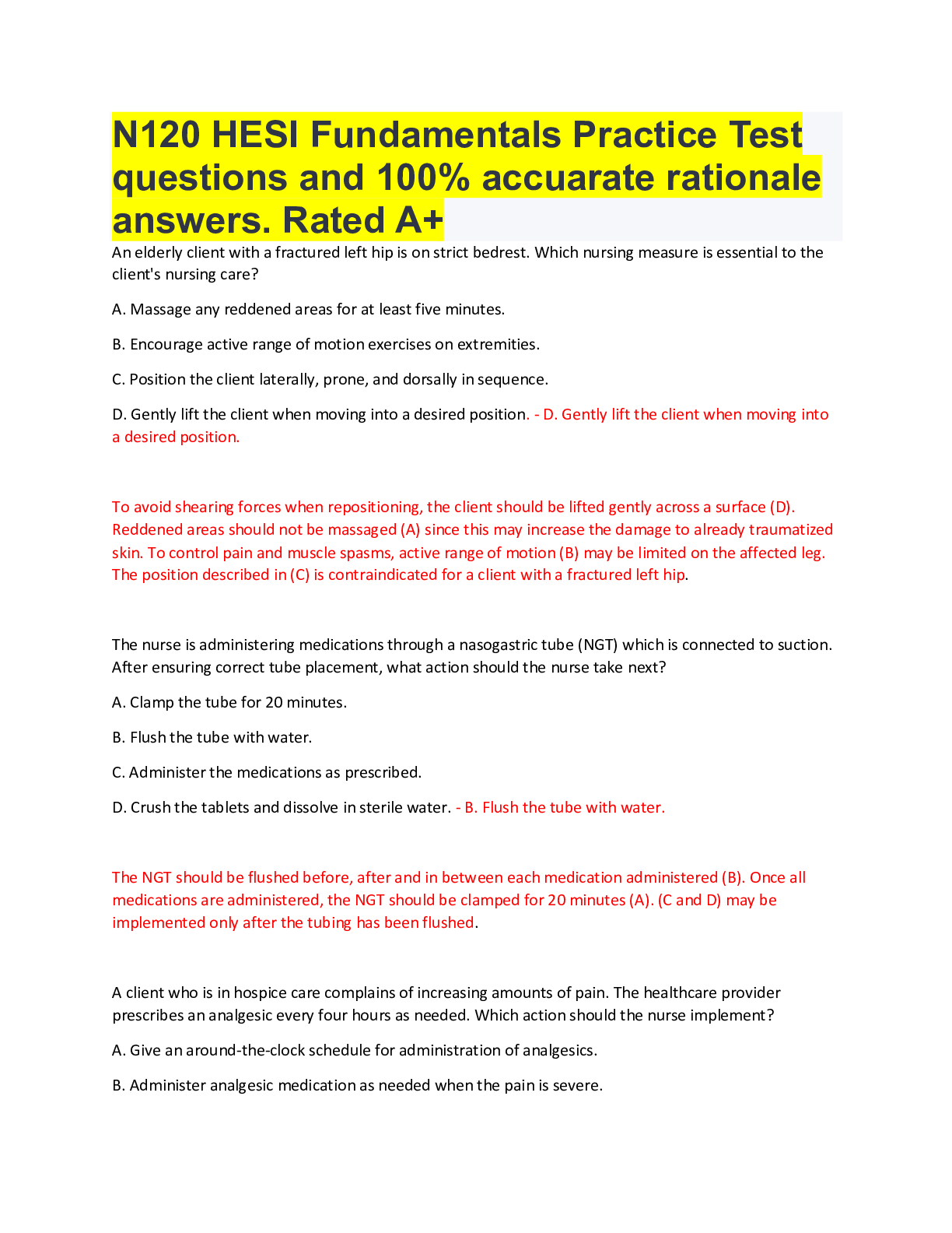 Preview of N120 HESI Fundamentals Practice Test questions and 100% accuarate rationale answers. Rated